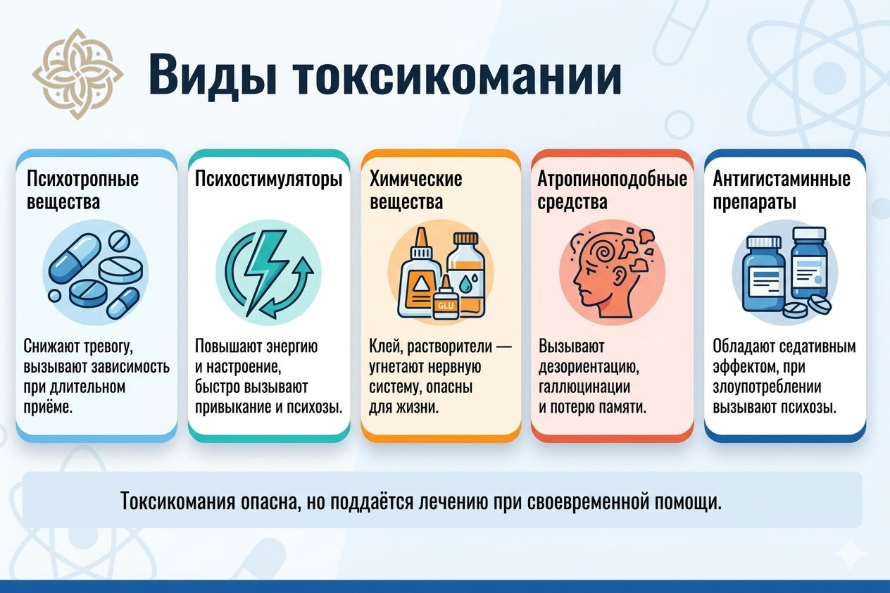 Инфографика с пятью видами токсикомании и их последствиями — лечение токсикомании в наркологической клинике.